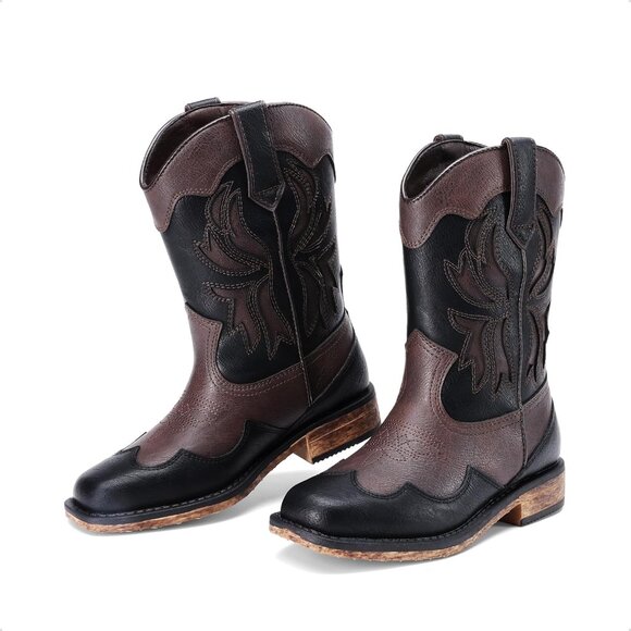 ⚡Girls Brown Black Square Toe Mid Calf Cowgirl Boot Western Fashion Riding Shoes - Picture 6 of 6